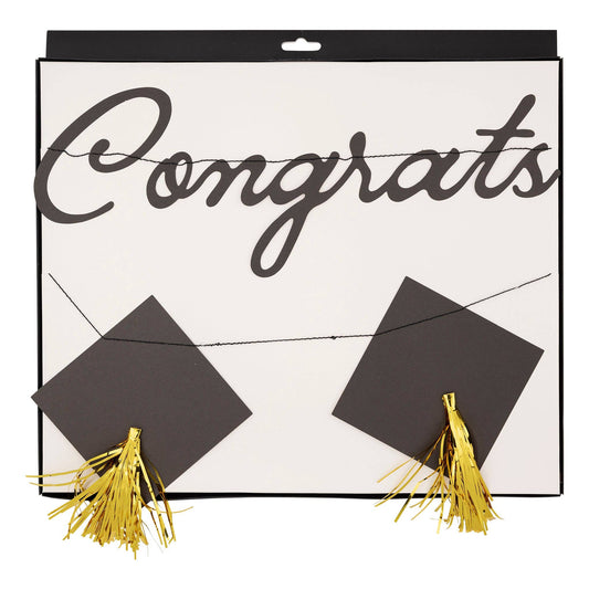 Graduation banner with 'Congrats' and black caps with gold tassels on a white background.