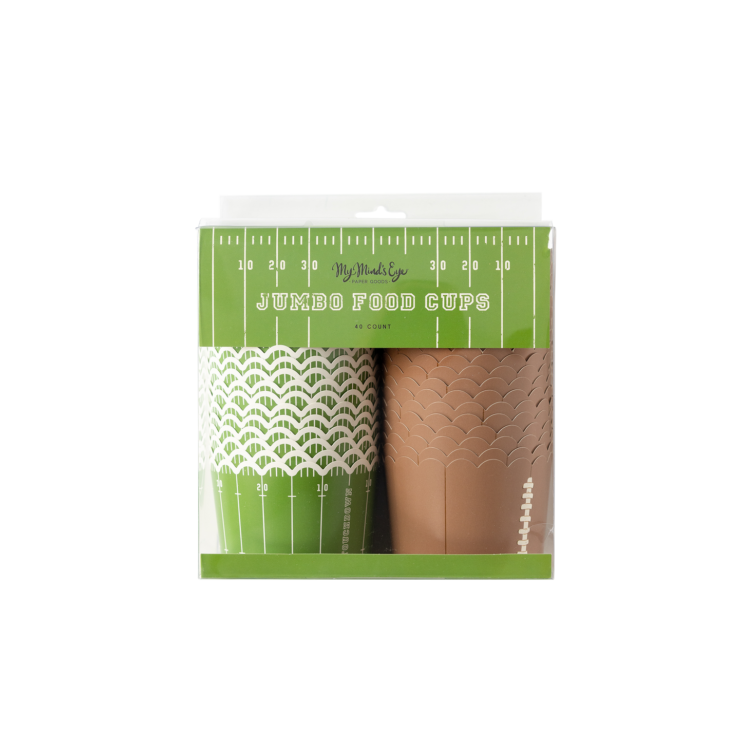 Packaging of football jumbo food cups on a white background