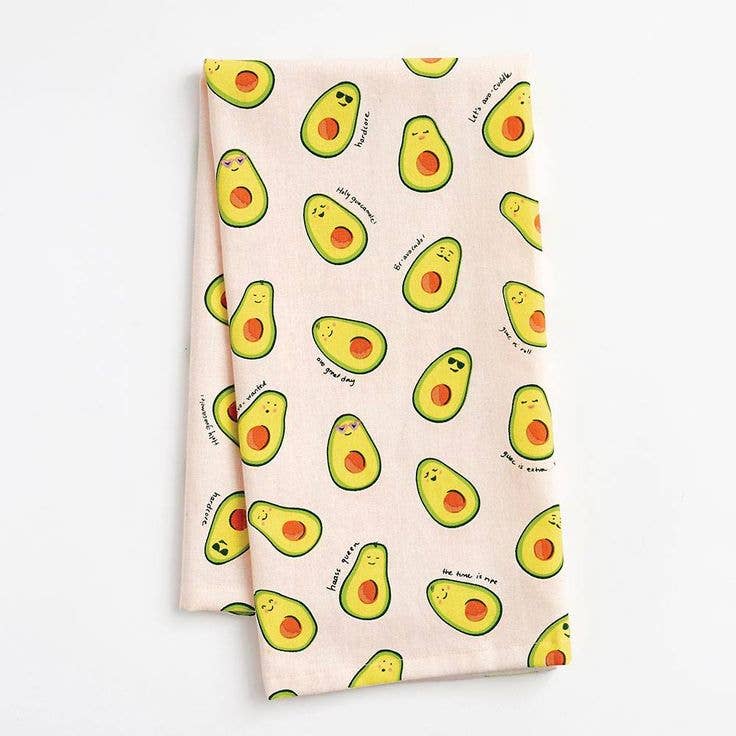 Kitchen tea towel with avocado pattern and punny sayings