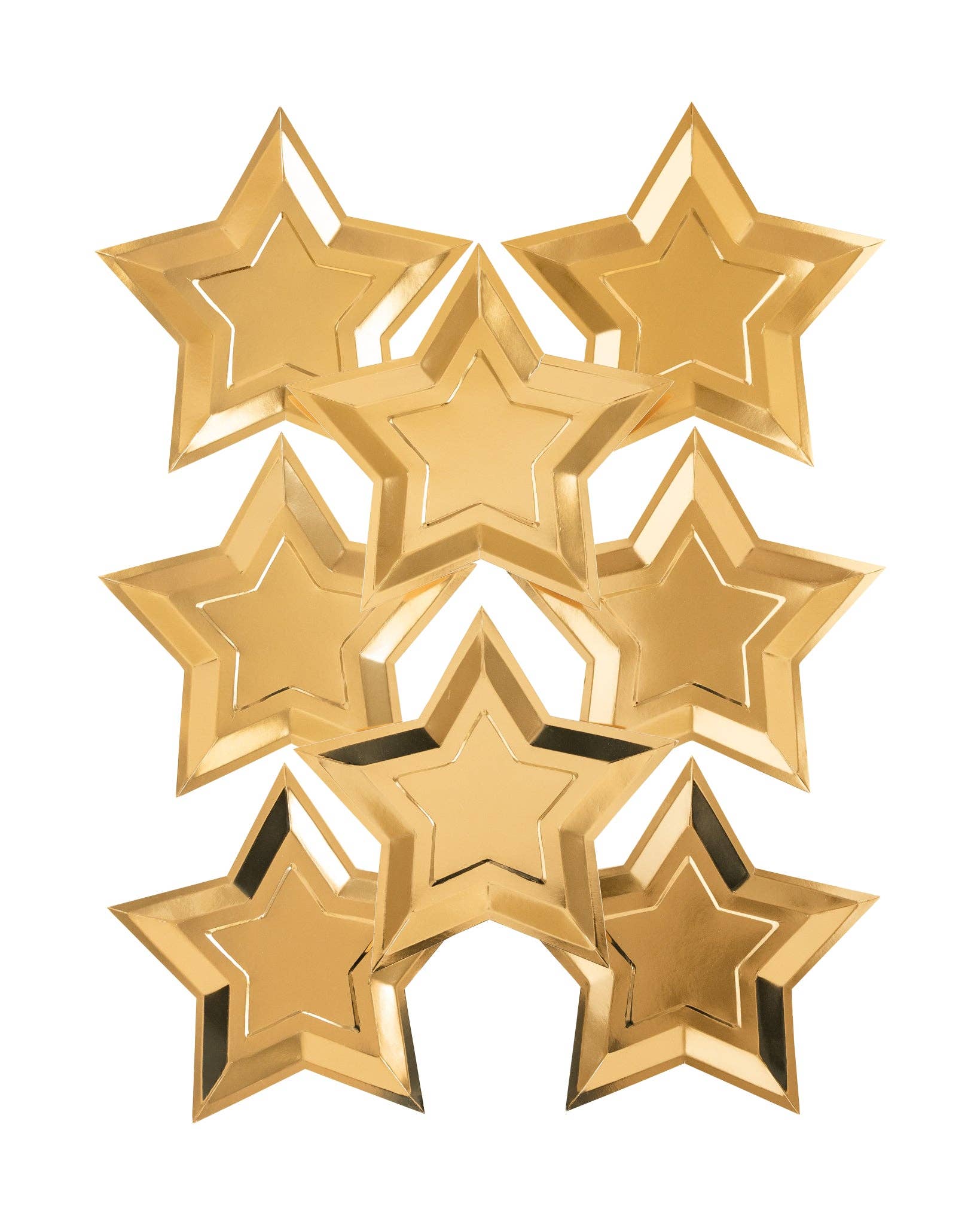 8 gold star-shaped plates on a white background
