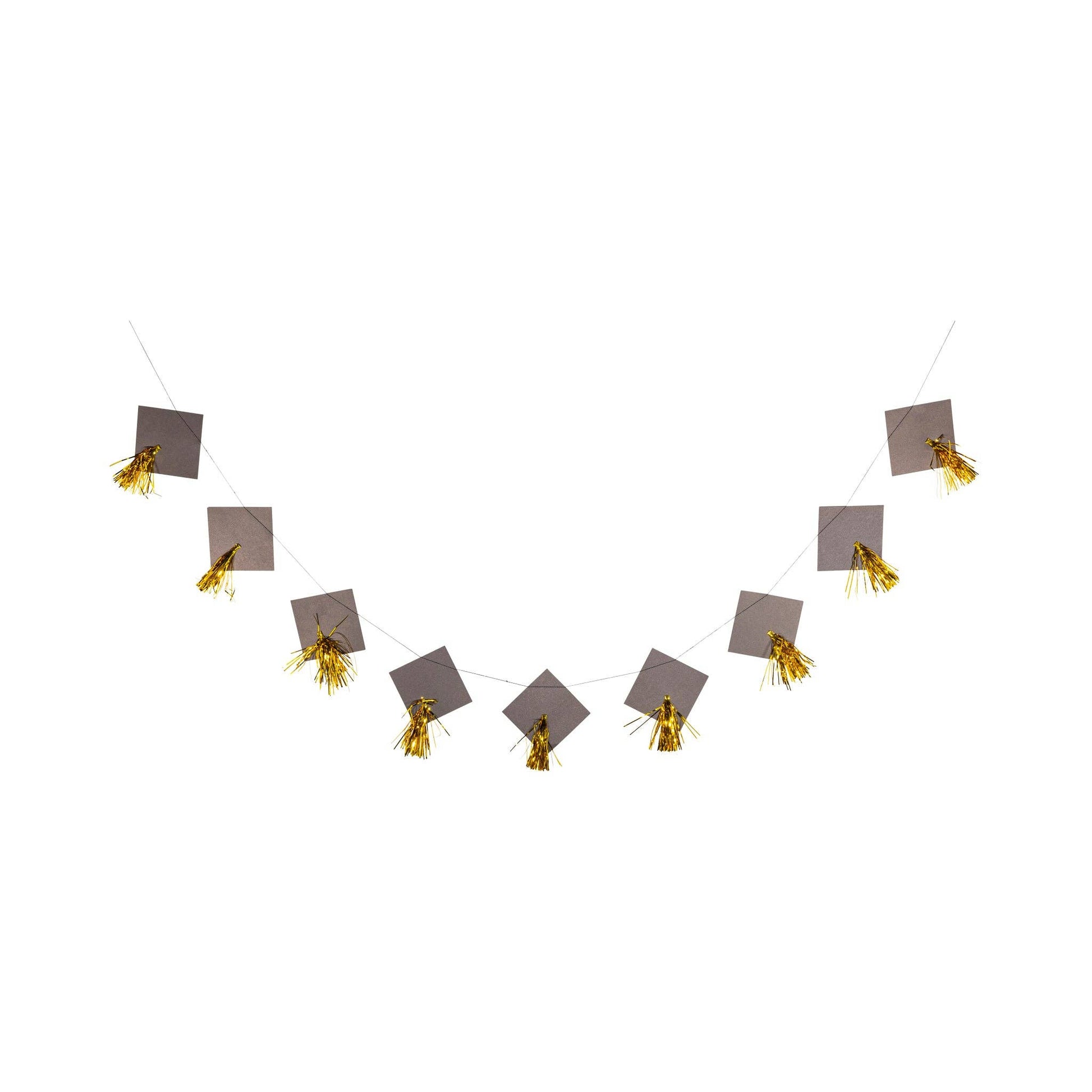 Decorative banner featuring 9 grad hats with gold tassels on a white background