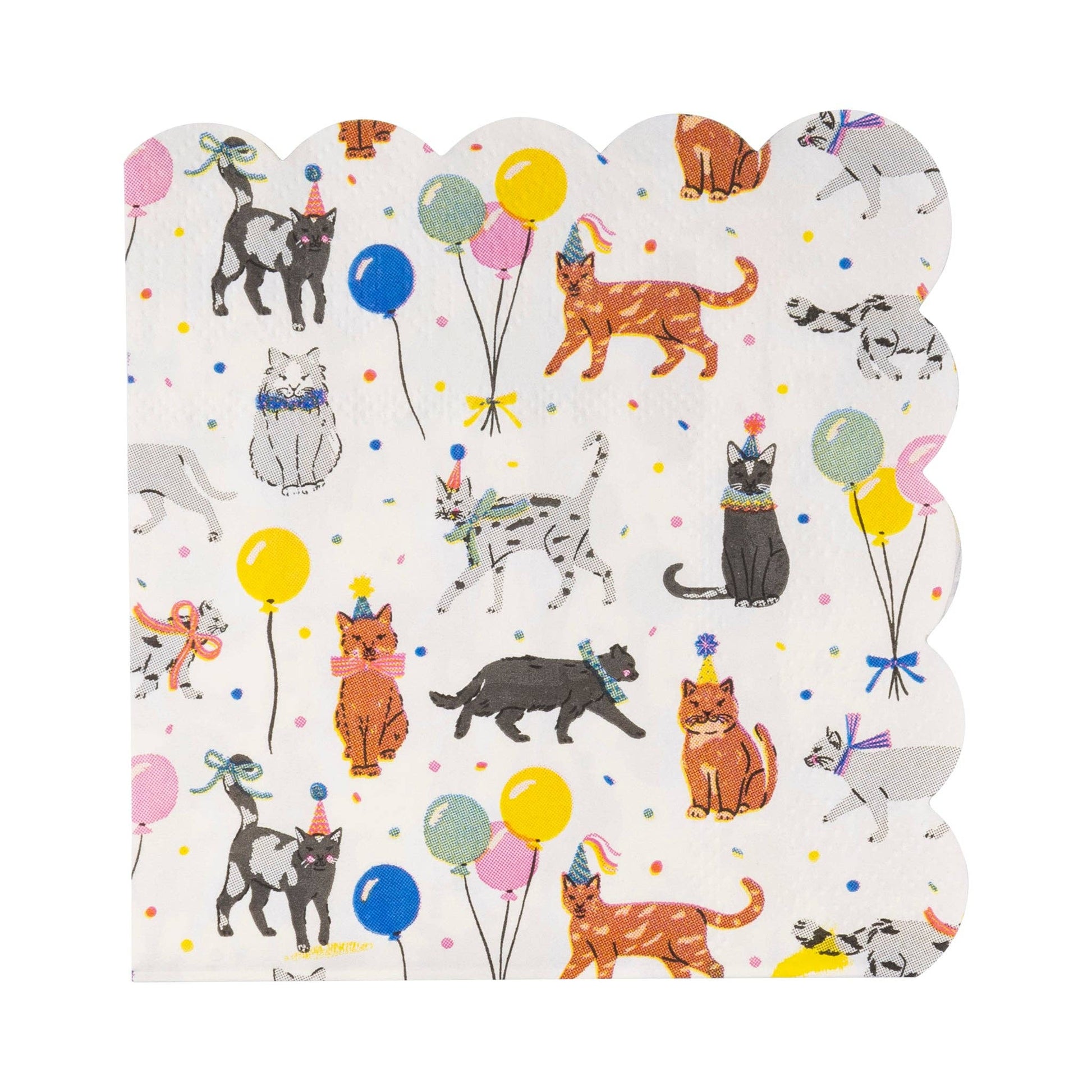 Paper party napkins with cat illustrations and balloons on a white background