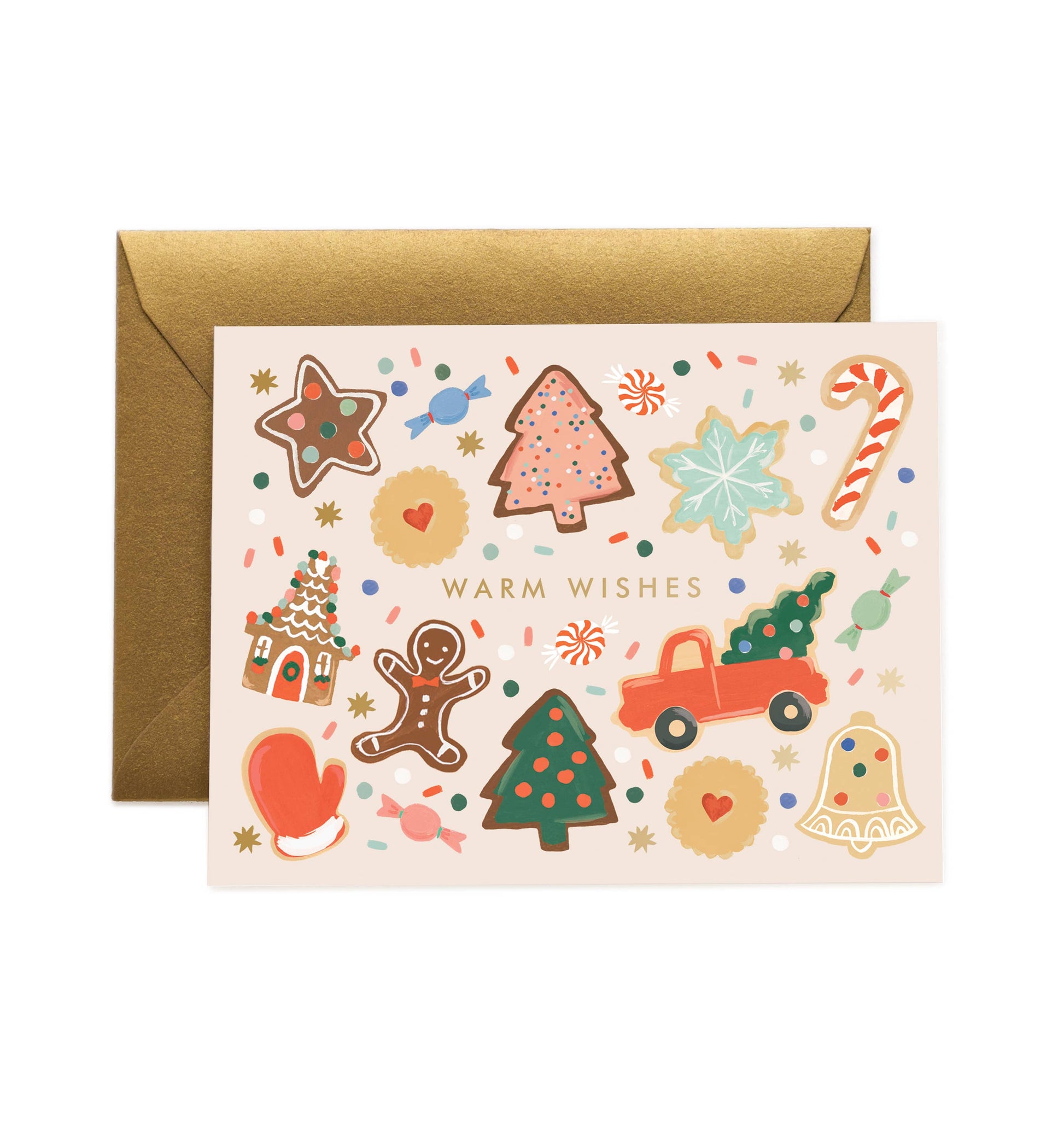 Christmas card with various festive illustrations and a gold envelope