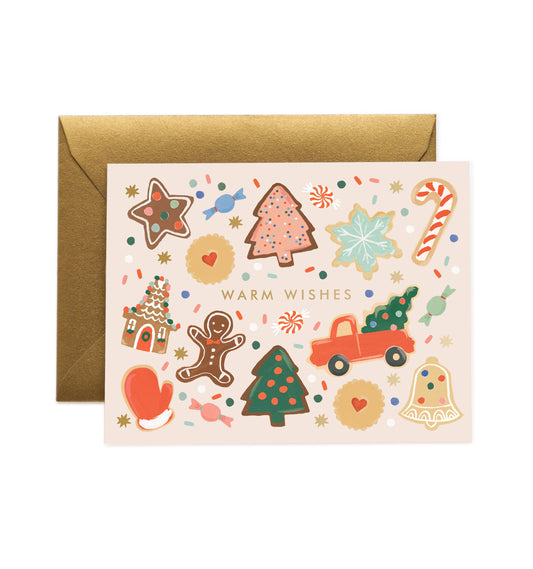 Christmas card with various festive illustrations and a gold envelope