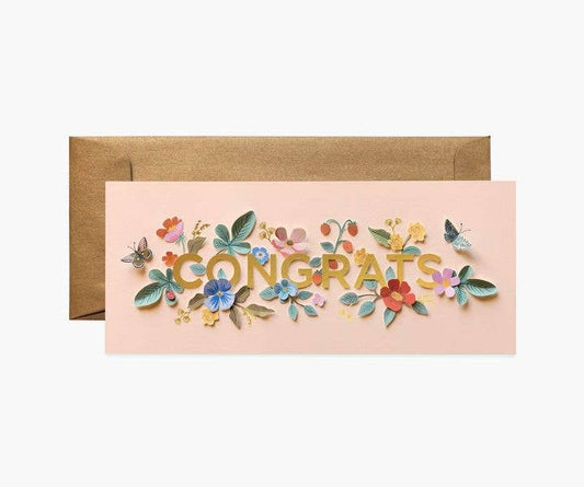 Pink greeting card with 'CONGRATS' text and floral decorations on exterior