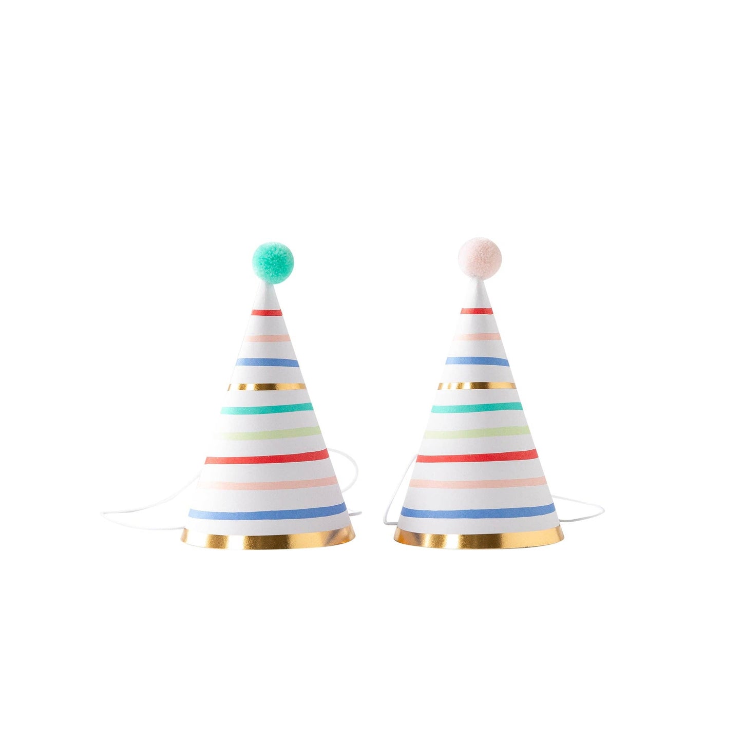 Two colorful party hats with striped design and a pom pom topper on a white background