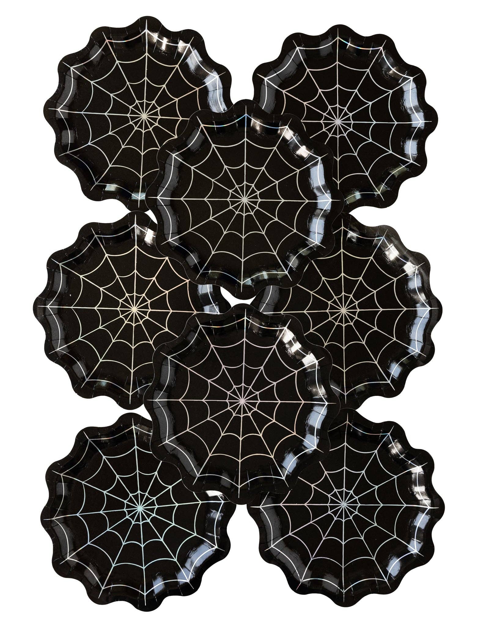 Set of 8 black paper plates with spider web design on a white background