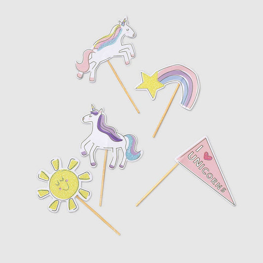 Set of 5 colorful unicorn-themed dessert toppers on a white background.