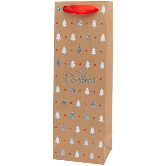 paper wine bottle gift bag with "merry christmas" written in silver foil on the front