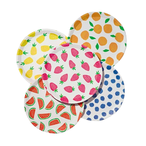 Set of colorful paper plates with fruit patterns on a white background