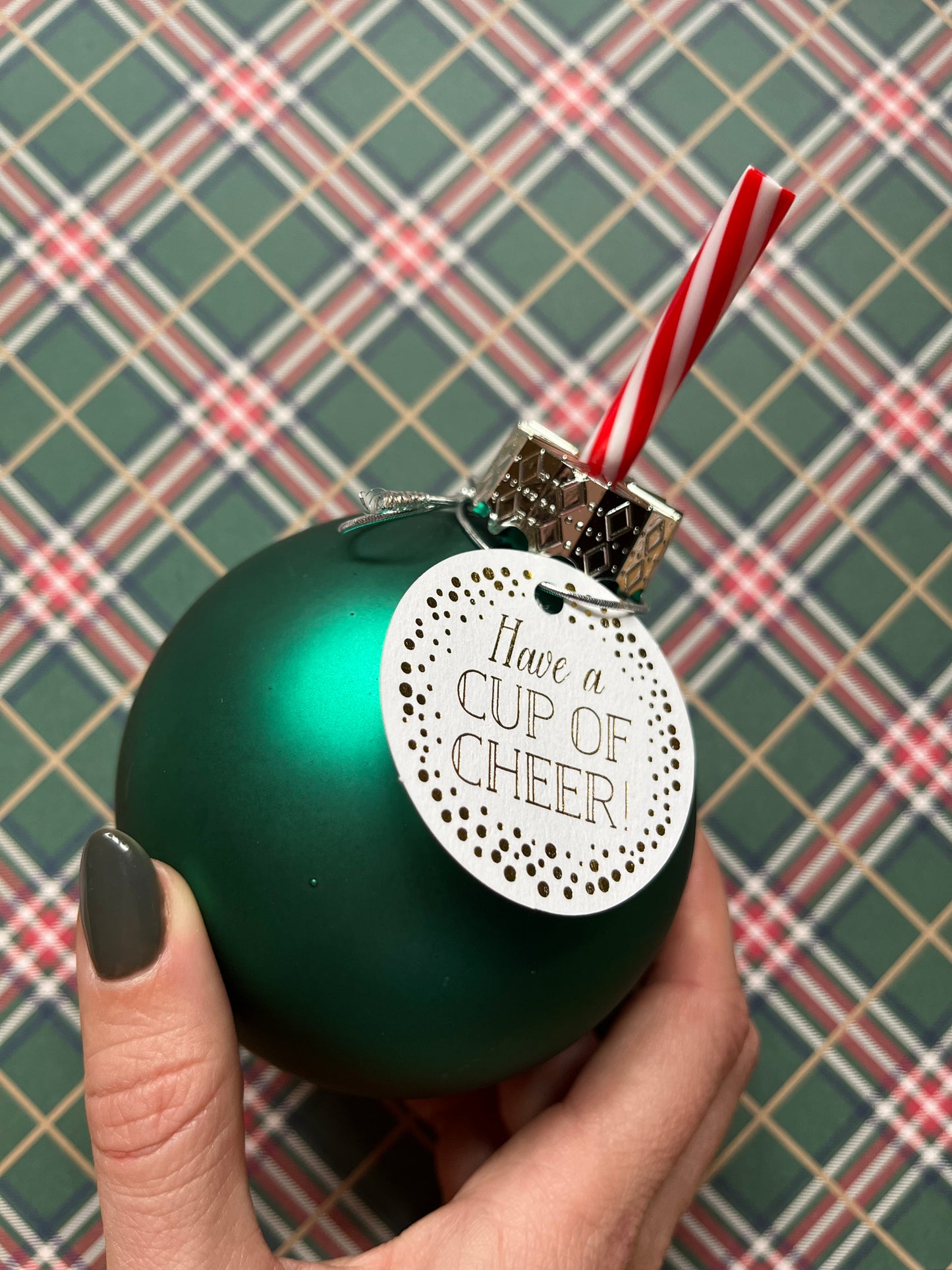 Image of a green ornament sipper with a peppermint printed straw