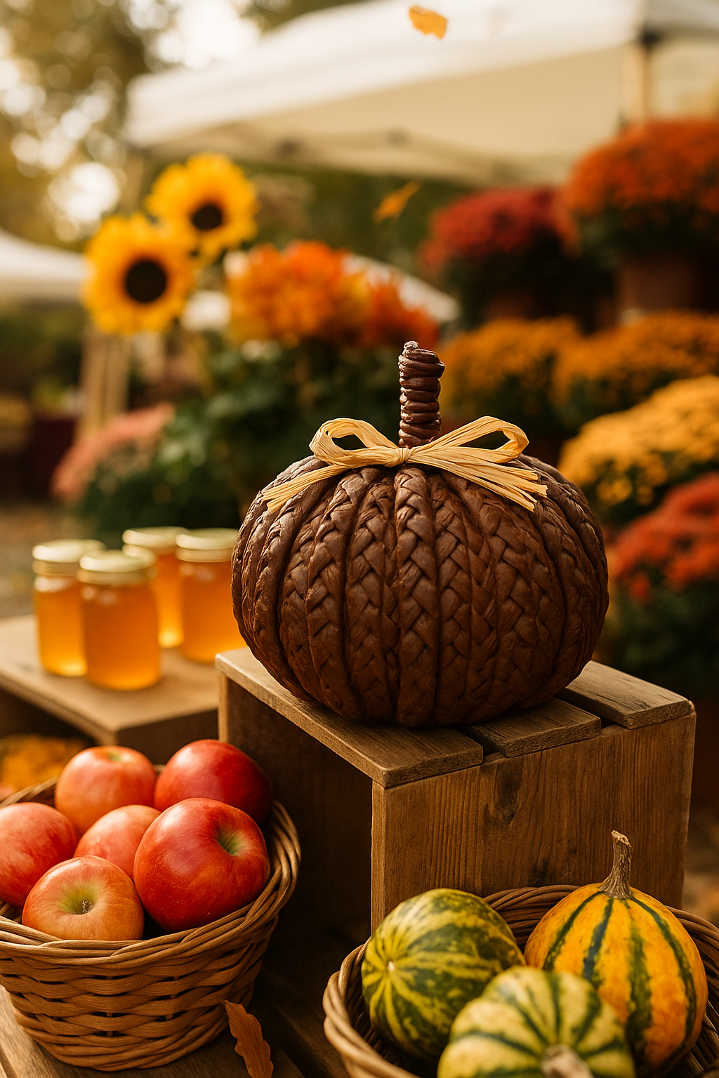 bBown braided pumpkin resting on top of a mini wooden crate in a farmers market setting