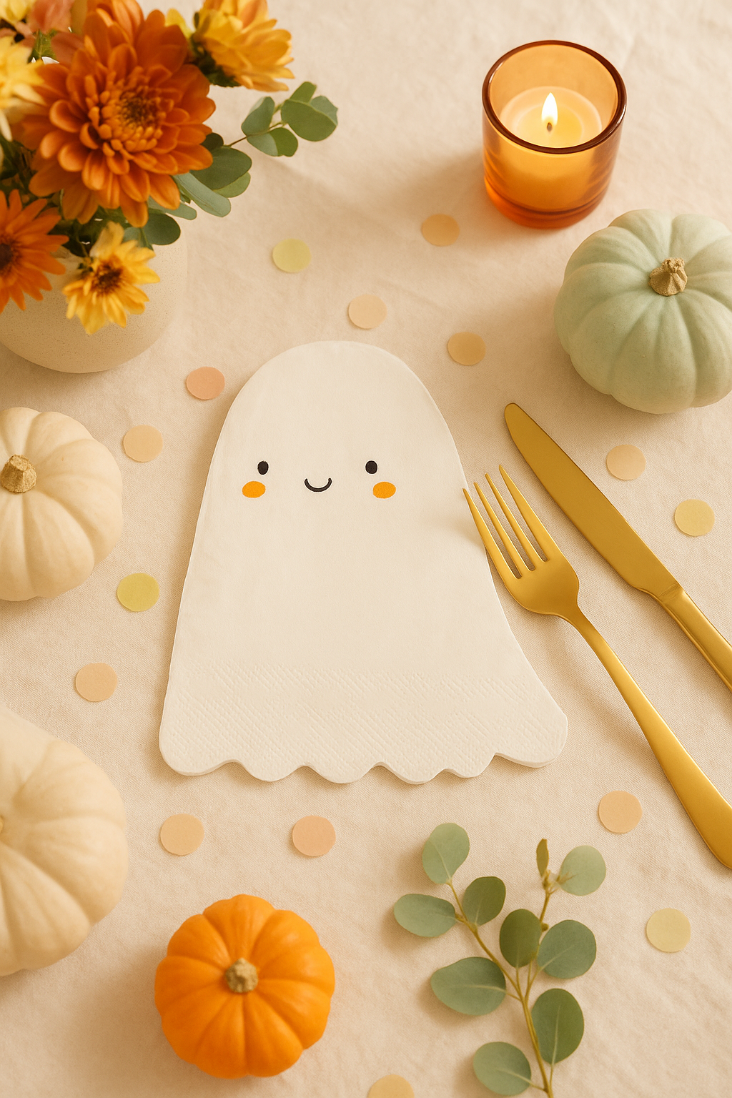 Friendly ghost napkin on a light tablecloth surrounded by gold flatware and eucalyptus