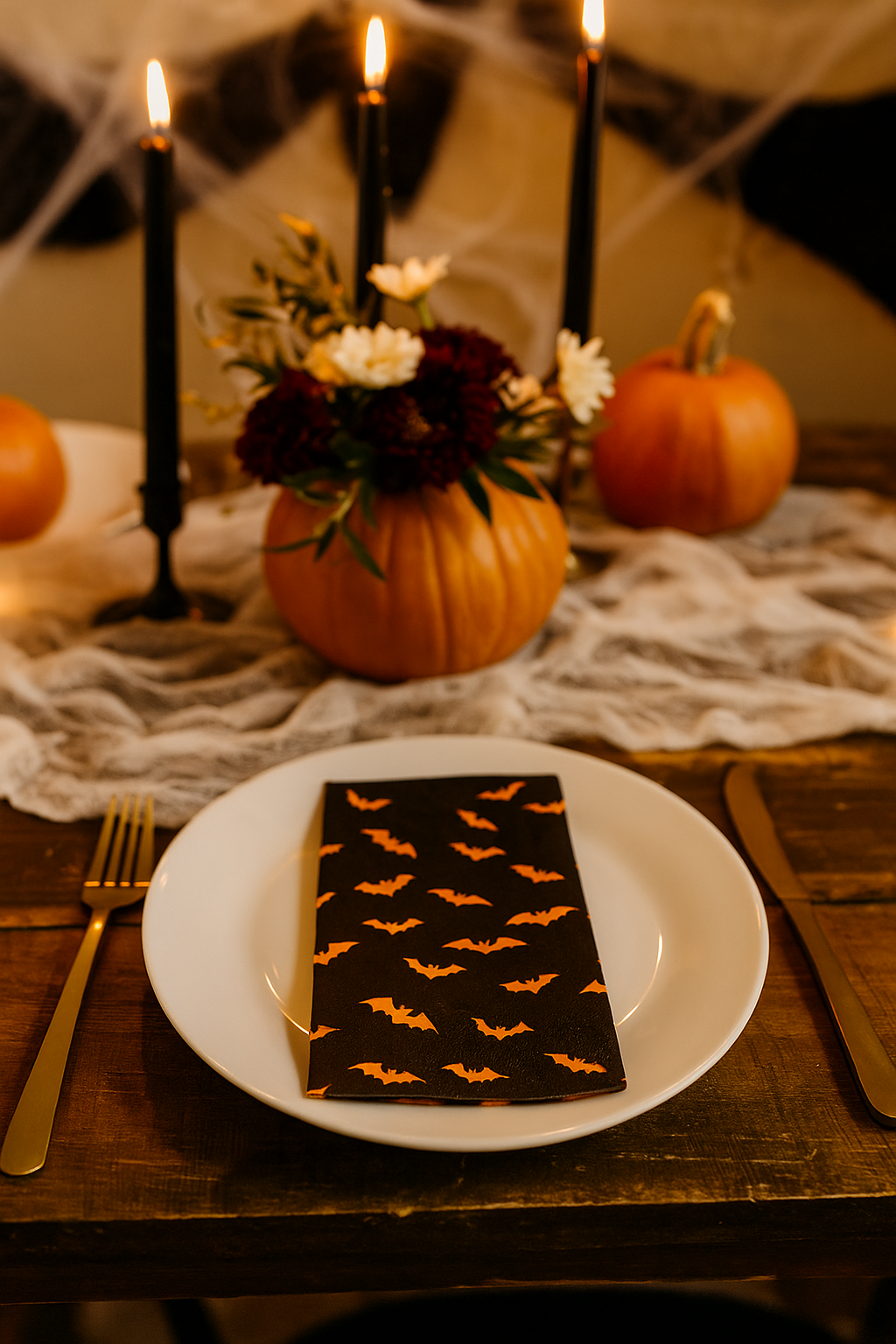 Image of black bat halloween napkin on top of a plate at a dinner table. Pumpkins, florals and candles in the background.