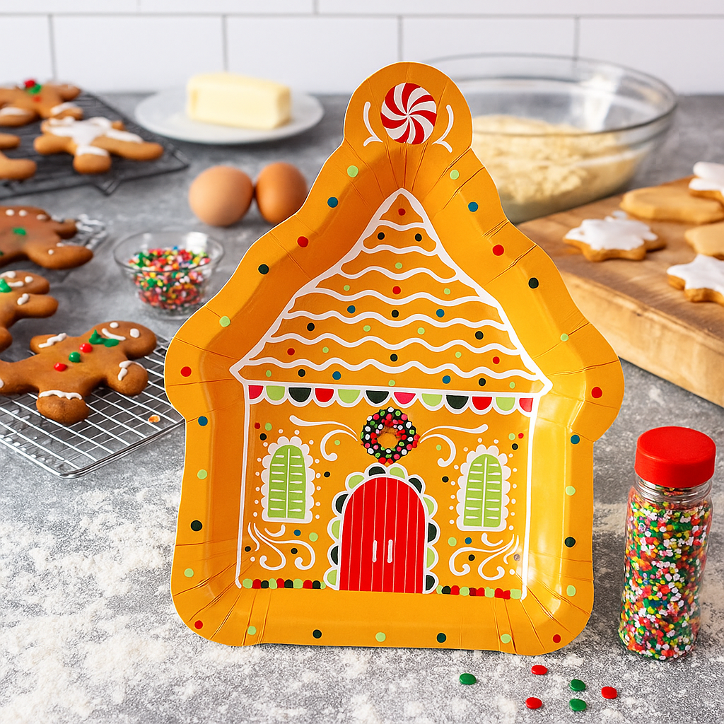 Gingerbread paper plate on a kitchen counter with baking ingredients and cookies.