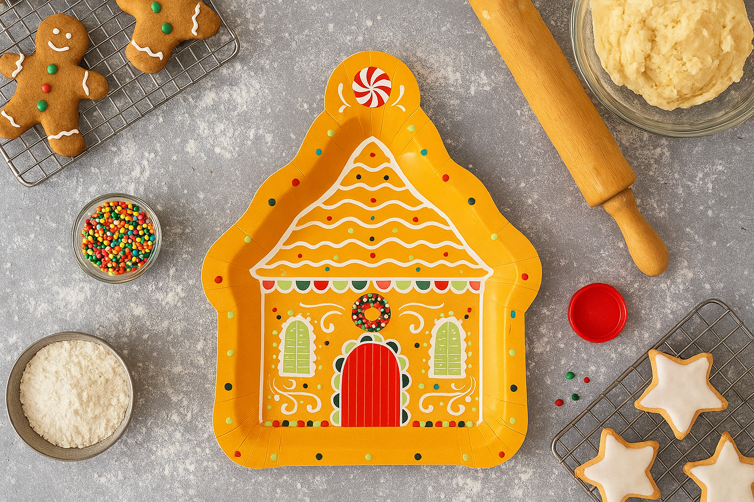 Gingerbread house plate  with baking decor on a gray table.