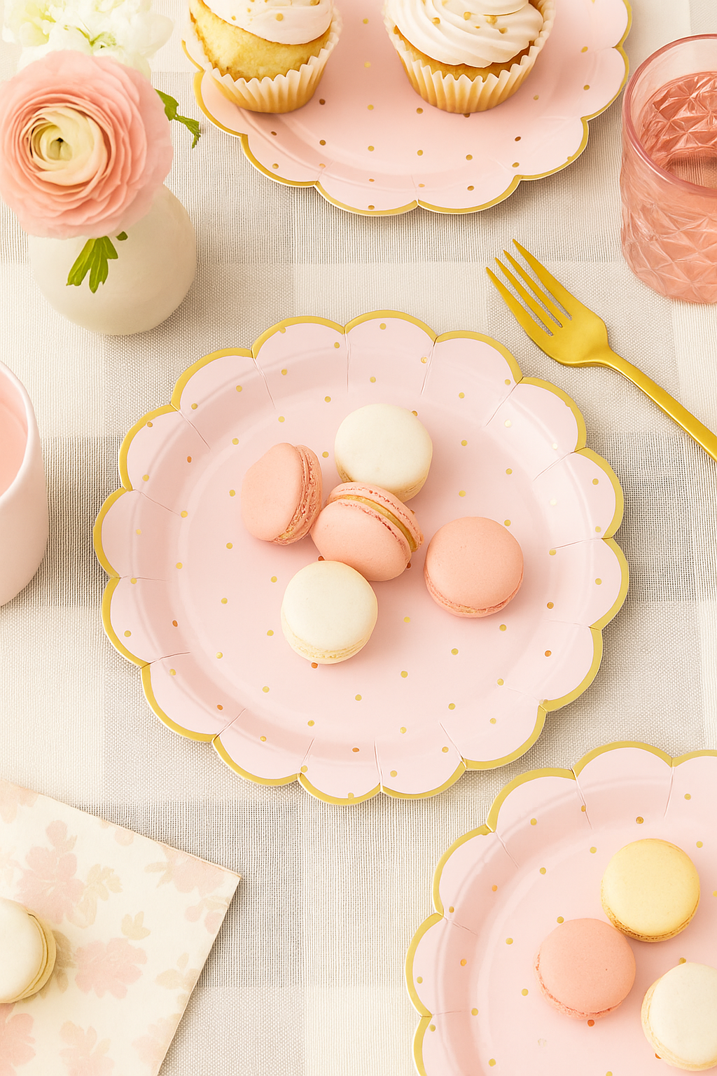 Pink scalloped plates with macarons on a light surface