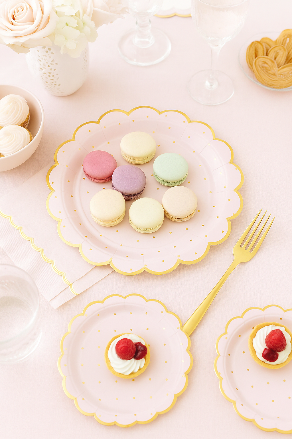 Pastel macarons on a decorative gold and pink polka dotted plate with scalloped edges.