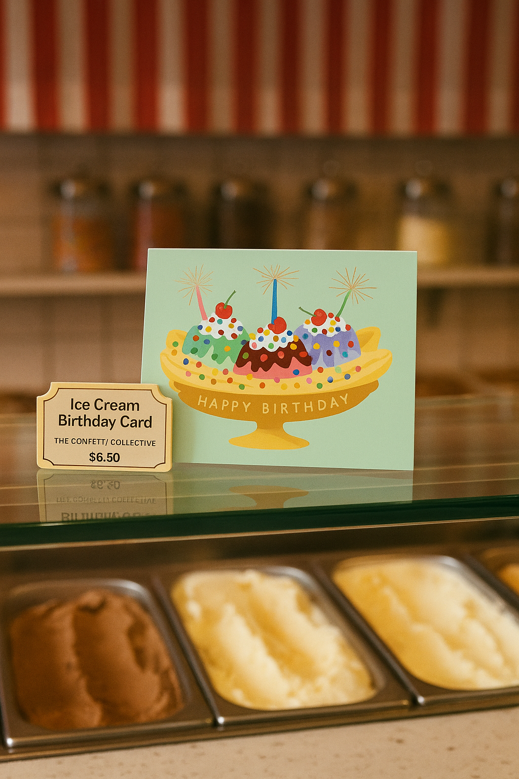 Banana split birthday card in an old school ice cream shoppe with a $6.50 price tag