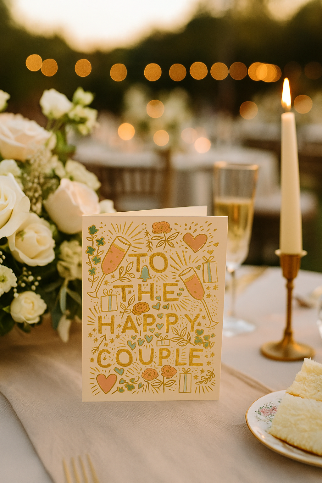 Greeting card for the happy couple on a decorated table with flowers, cake and candles.