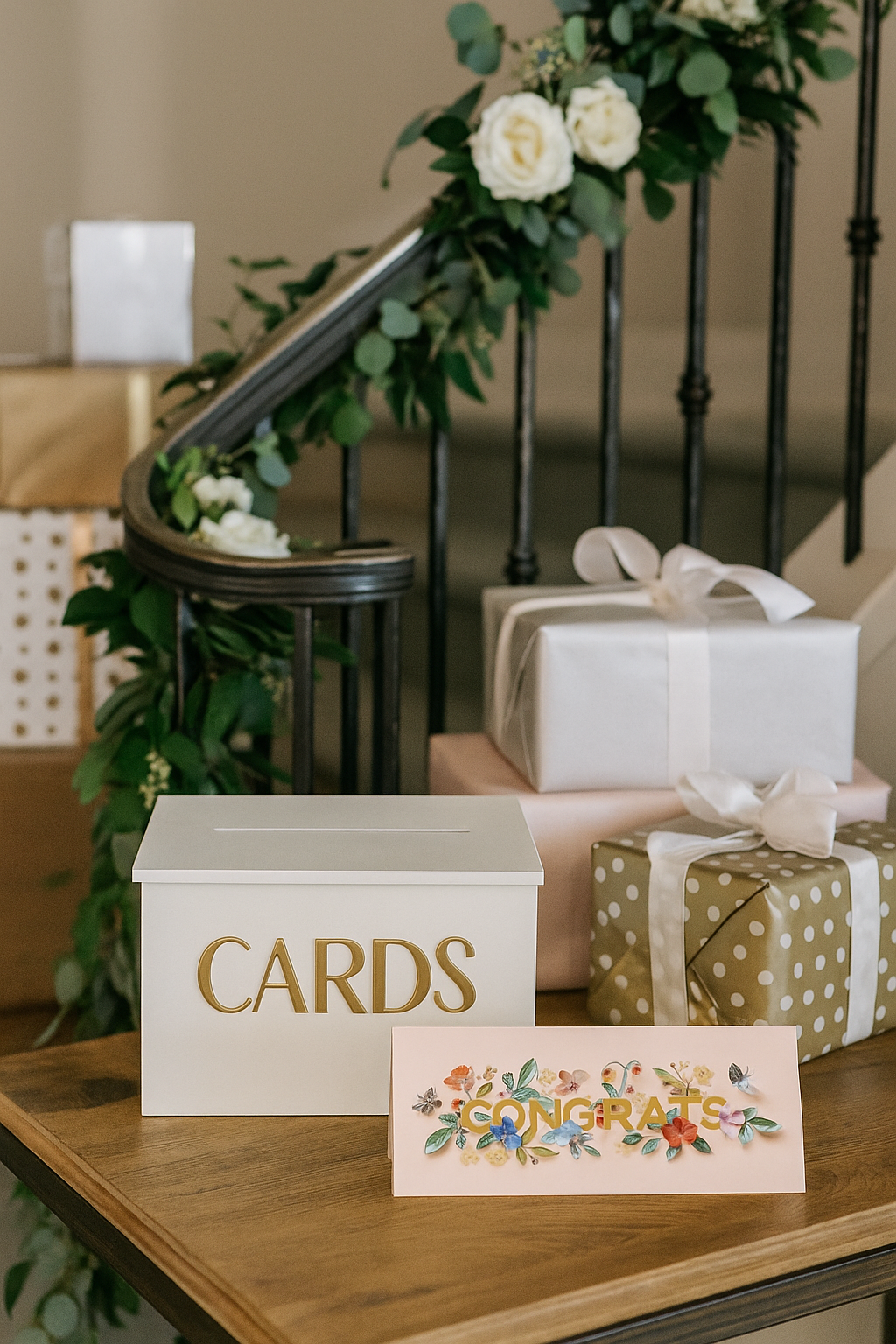 Image of a long congrats card on a wedding card table surrounded by presents
