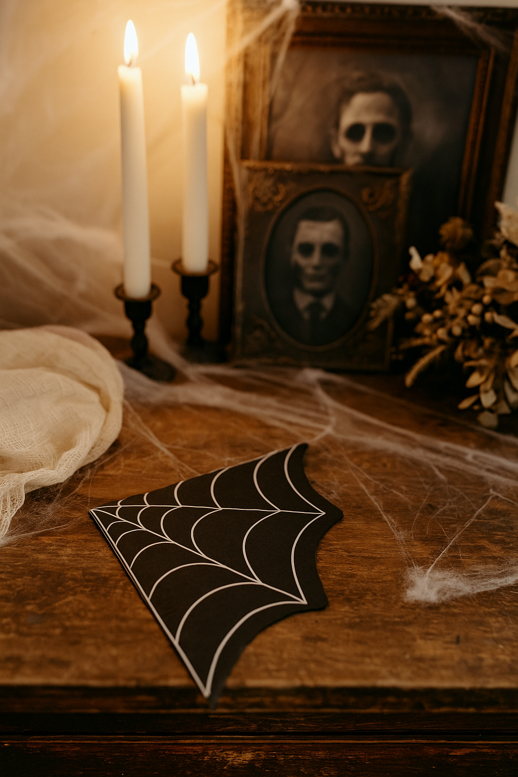 Spider web napkin on a wooden table with candles and spooky portraits in the background