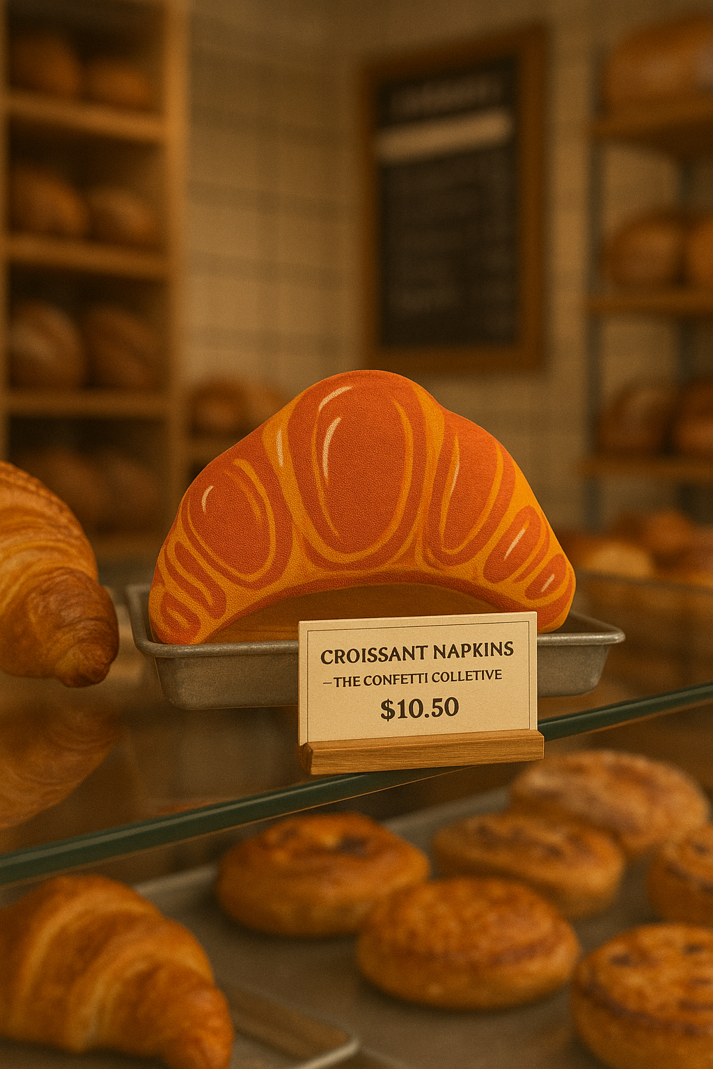 Display of croissant-shaped napkins with a price tag in a bakery setting