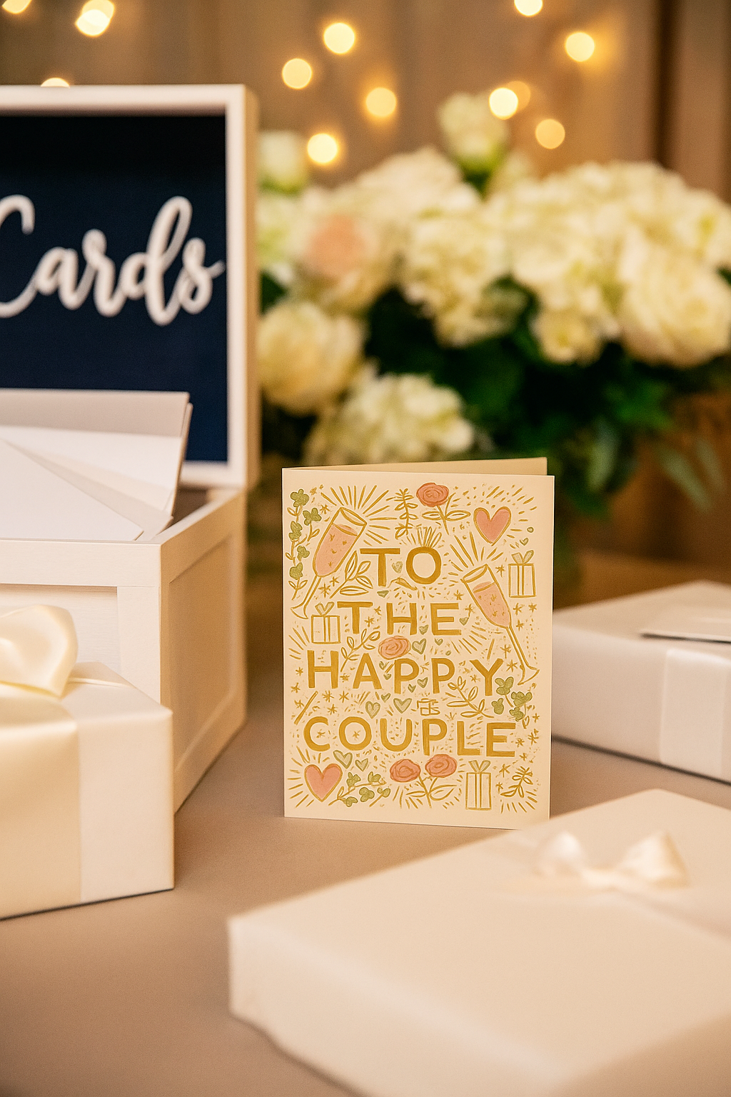 Greeting card for the happy couple on a table with flowers and cards in the background.