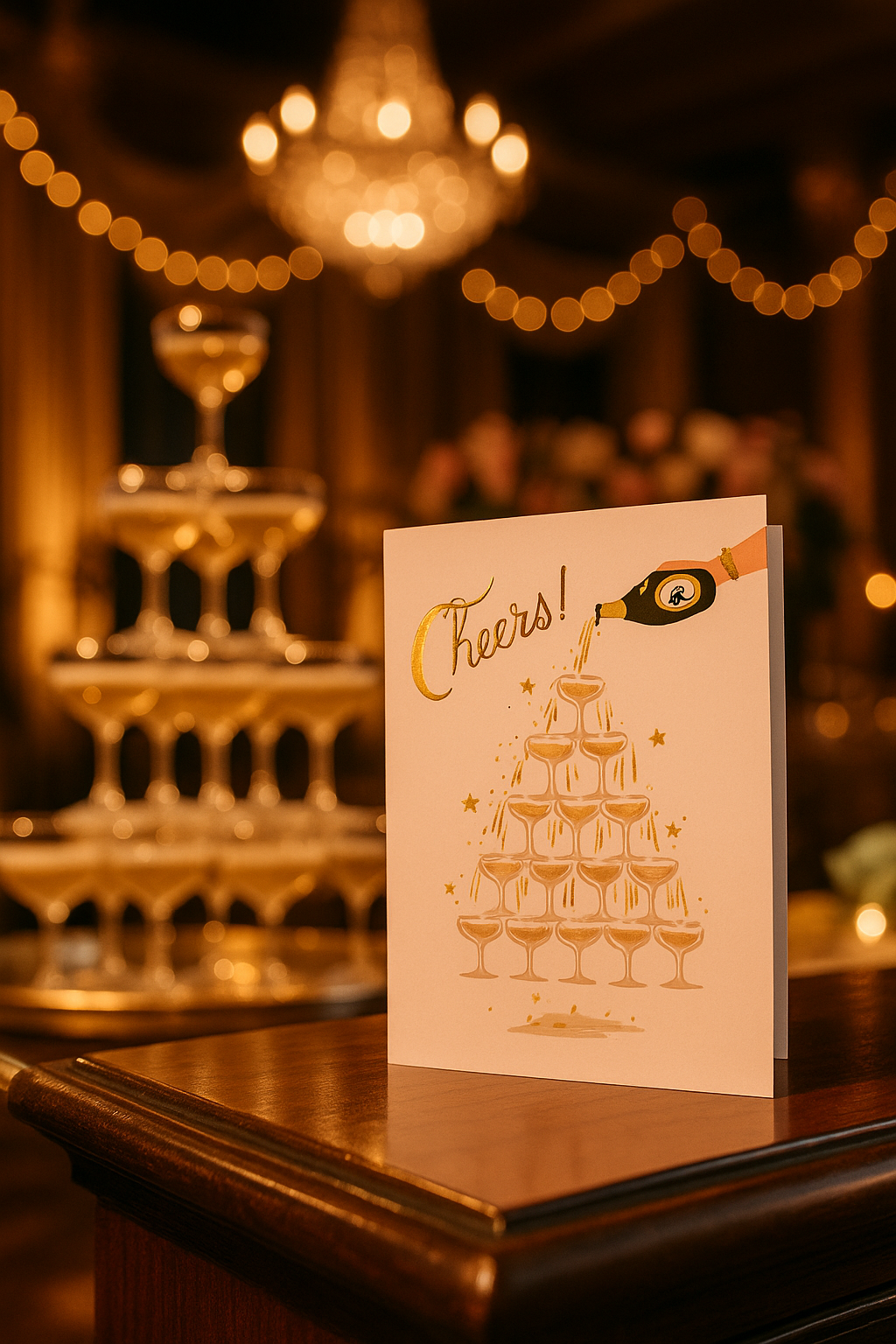 Champagne tower "cheers" greeting card on a wooden surface with blurred background