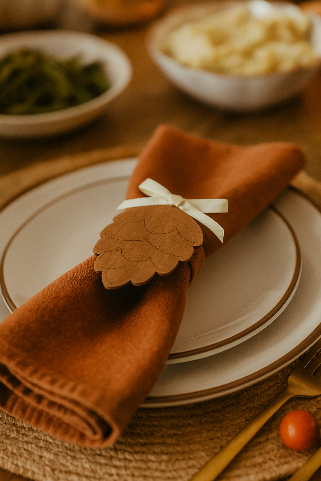 Folded brown napkin with a pinecone napkin ring holder on a plate, set on a table with other dishes.