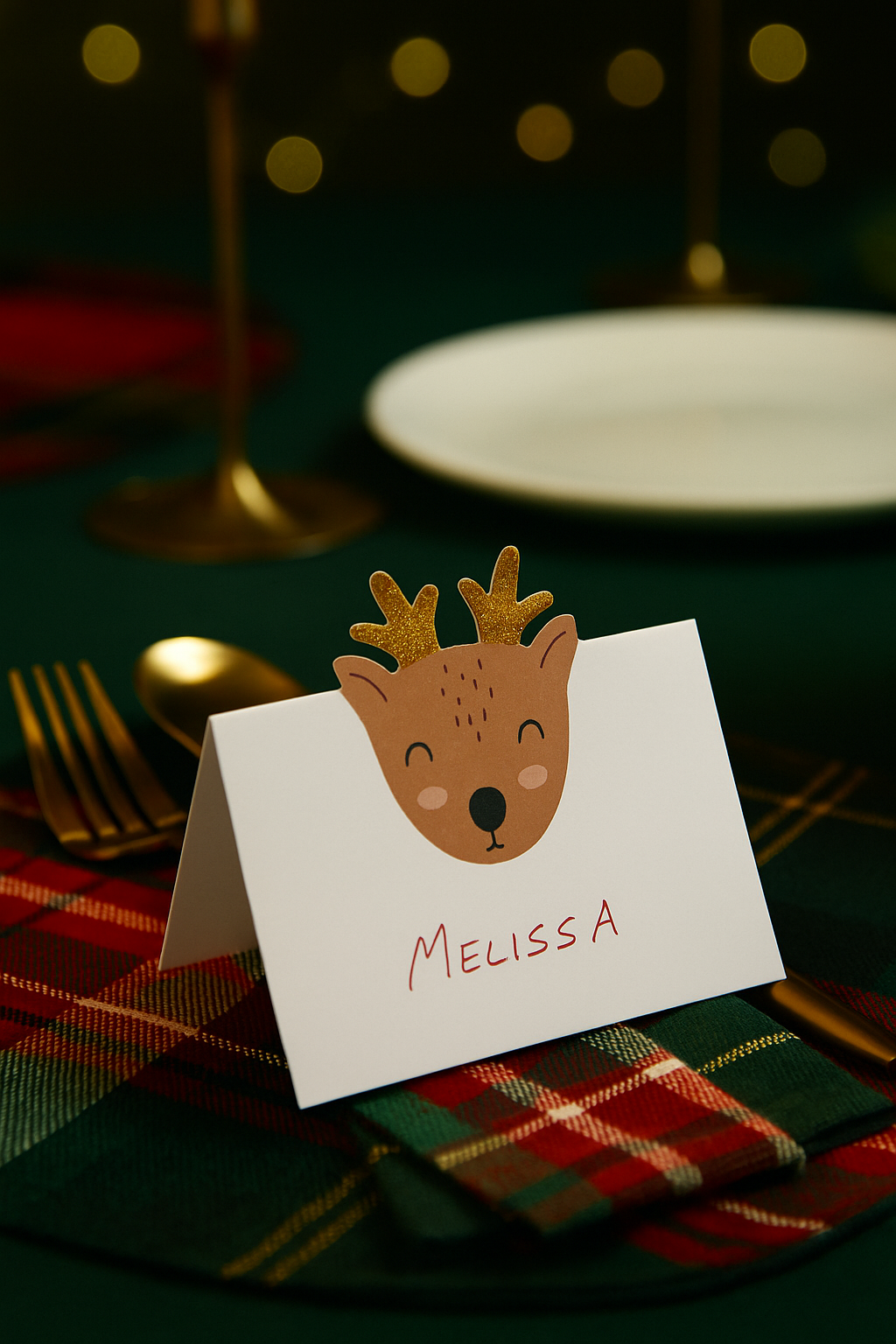 Place card with a reindeer illustration on a festive table setting.