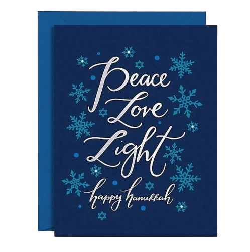 Front image of Paper Source Hanukkah Card that reads "Peace, love, light, Happy Hanukkah"