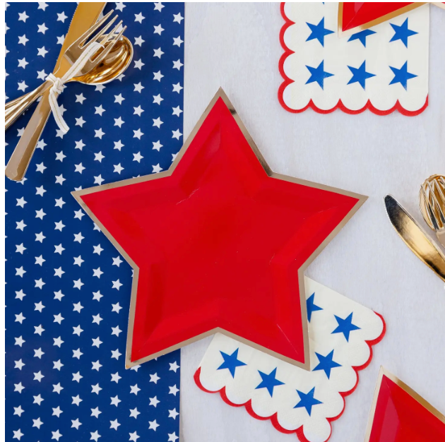 5" paper napkins with a red scalloped edge and blue star print