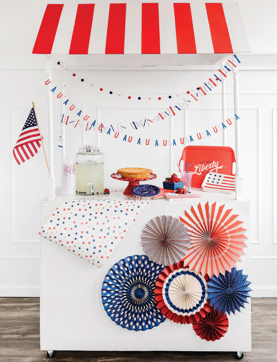 6 paper party fans with assorted red, white, blue, stars and stripe design