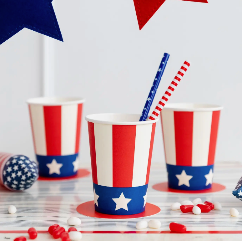 Lifestyle image of paper cups on a July 4th tablescape