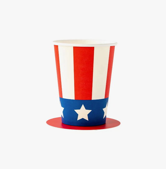 Image of single patriotic paper cup with red and white stripes and stars