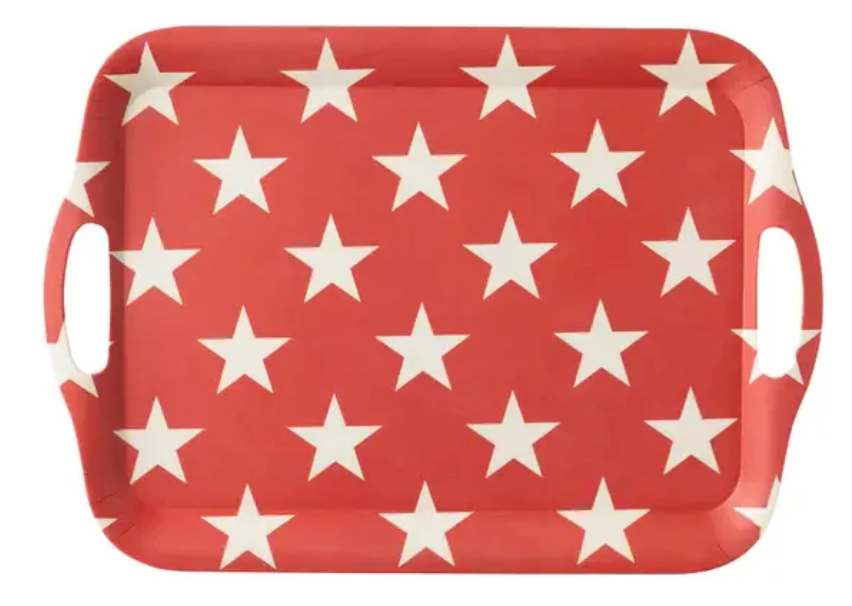 Packshot of a red reusable bamboo serving tray with white star print