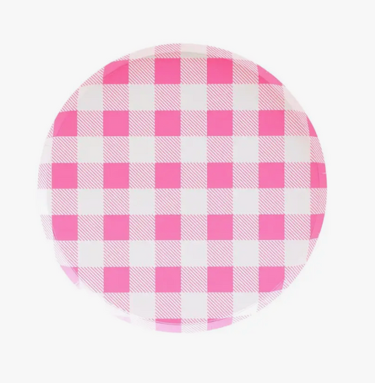 Front image of a large neon pink gingham plate