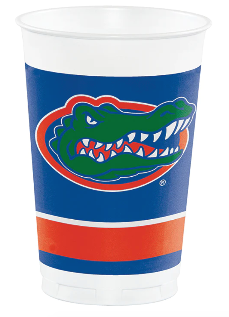 photo of a plastic cup featuring florida gator logo, white cup with orange and blue colors