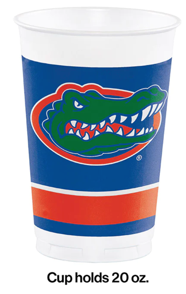 photo of a plastic cup featuring florida gator logo, white cup with orange and blue colors