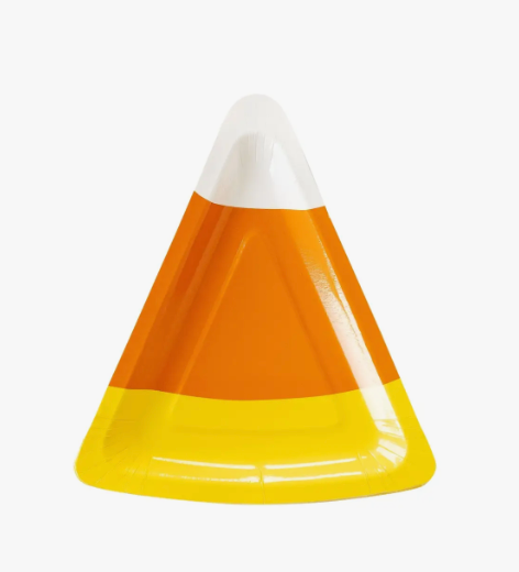 Image of a candy corn shaped plate, white, orange and yellow colored