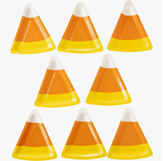 Image of multiple candy corn shaped plates, white, orange and yellow colored