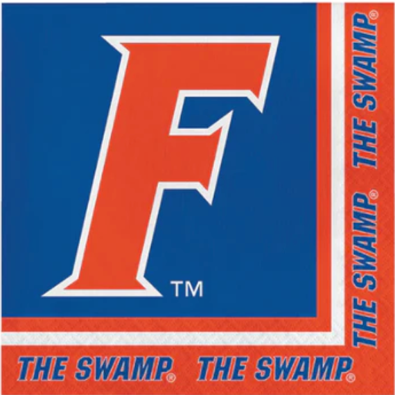 photo of a paper napkin with florida gator branding on it, "the swamp" text featured on 2 edges, orange and blue colors