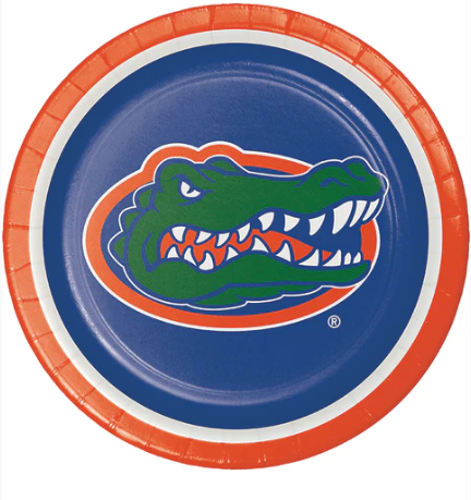 photo of a paper plate featuring the florida gator logo, orange and blue colors