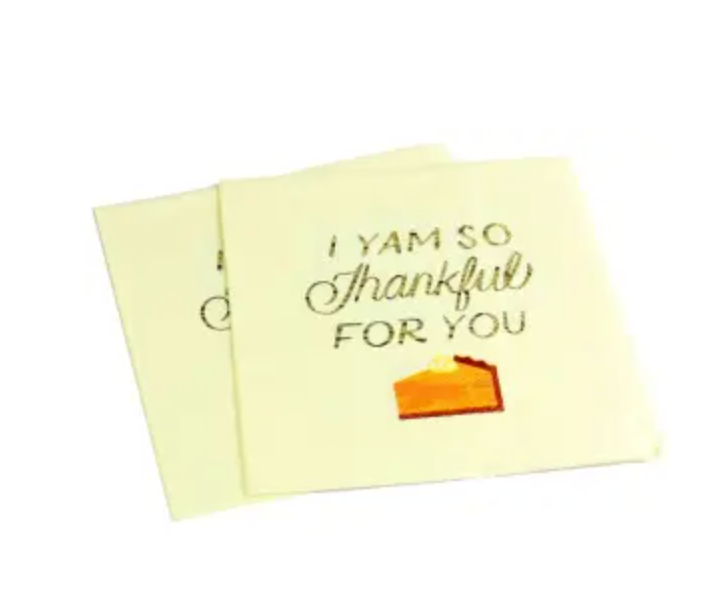 Image of a cream napkin with text "I yam so thankful for you"