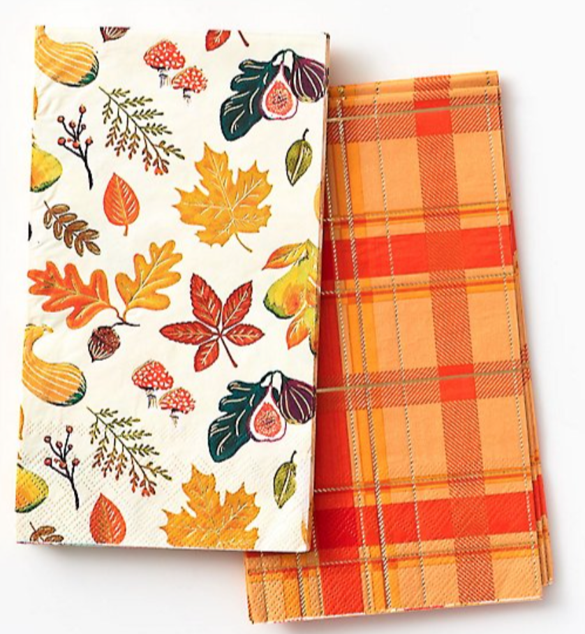 Image of 2 printed napkins, one with a seasonal fall pattern and the other with an orange plaid design