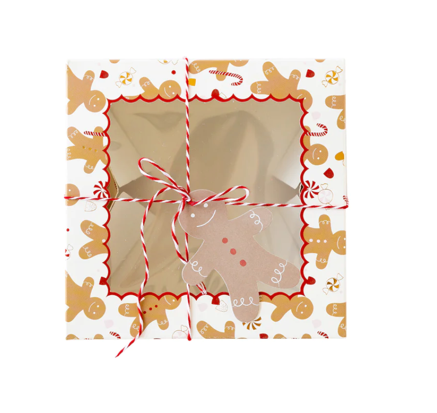 Image of assembled cookie box with gift tag and twine