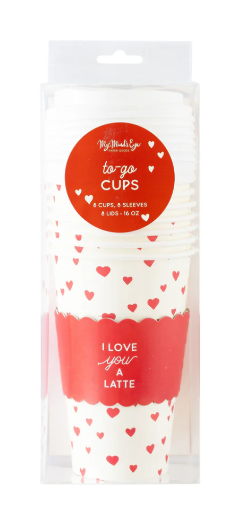 Valentine's Day themed paper coffee cups featuring a heart print and "I love you a Latte" on the cup sleeve