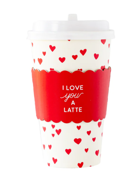 Valentine's Day themed paper coffee cups featuring a heart print and "I love you a Latte" on the cup sleeve