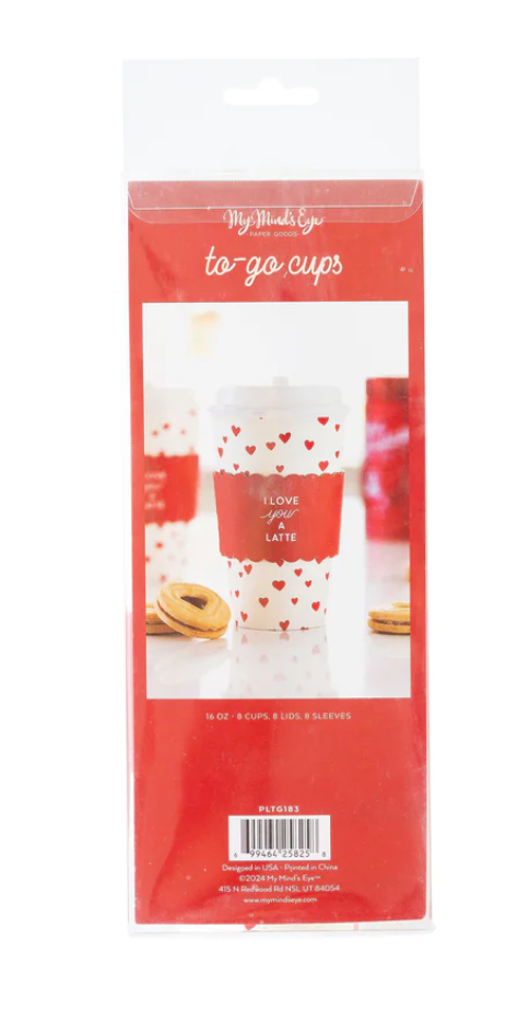 Valentine's Day themed paper coffee cups featuring a heart print and "I love you a Latte" on the cup sleeve